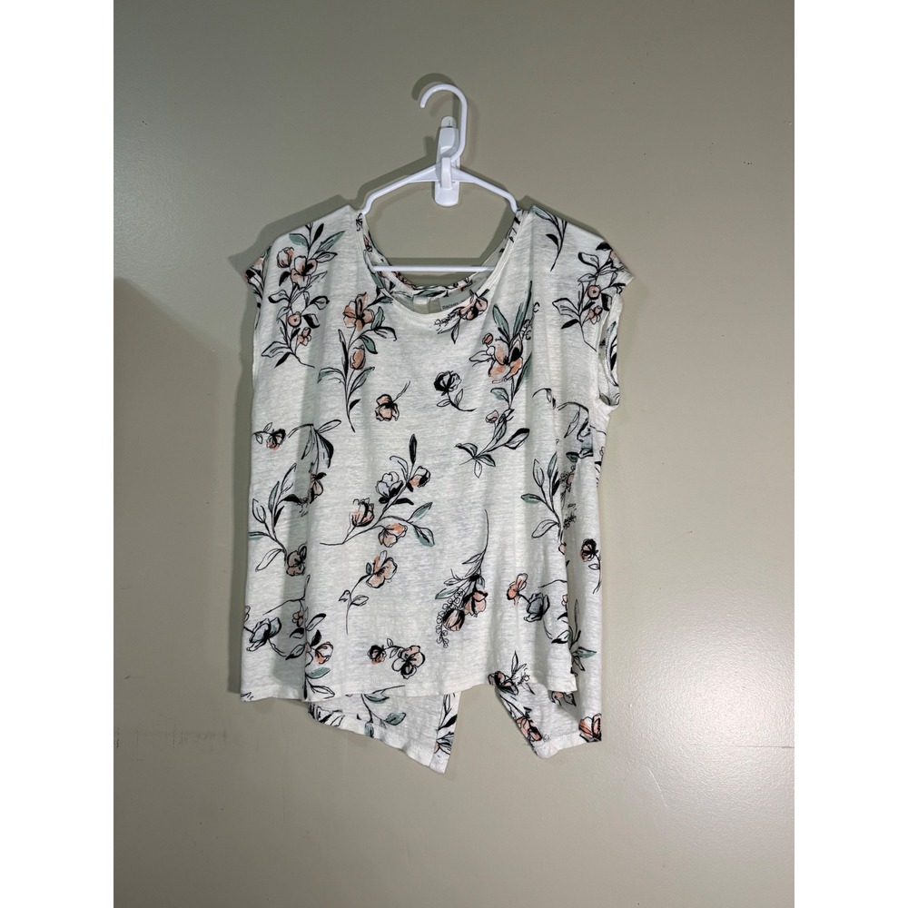 Rachel Zoe 100% Linen Floral Button Back Top Sleeveless Blouse White XL
